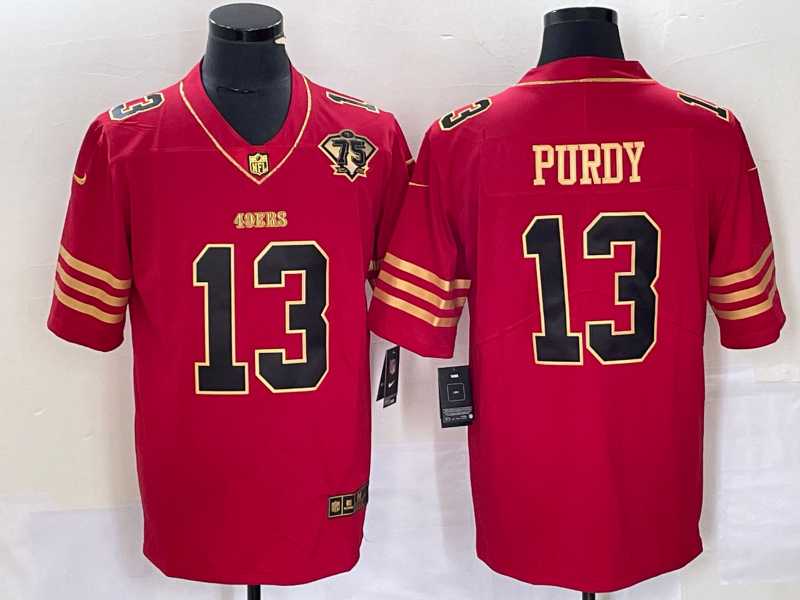 Men's San Francisco 49ers #13 Brock Purdy Red 75th Patch Golden Edition Stitched Nike Limited Jersey Dzhi