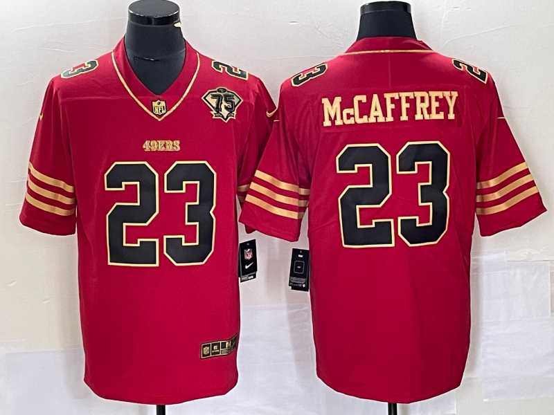 Men's San Francisco 49ers #23 Christian McCaffrey Red 75th Patch Golden Edition Stitched Nike Limited Jersey Dzhi