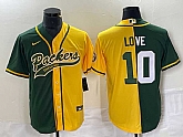 Men's Green Bay Packers #10 Jordan Love Green Yellow Split With Patch Cool Base Stitched Baseball Jersey,baseball caps,new era cap wholesale,wholesale hats