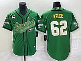 Men's Philadelphia Eagles #62 Jason Kelce Green Gold C Patch Cool Base Stitched Baseball Jersey,baseball caps,new era cap wholesale,wholesale hats