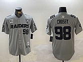 Men's Las Vegas Raiders #98 Maxx Crosby Grey Nevada Silver State And 65th Patch Stitched Baseball Jersey,baseball caps,new era cap wholesale,wholesale hats