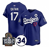 Men's Los Angeles Dodgers #17 Shohei Ohtani Royal 2024 World Series With No. 34 Patch Cool Base Stitched Jersey Dzhi,baseball caps,new era cap wholesale,wholesale hats