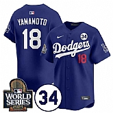 Men's Los Angeles Dodgers #18 Yoshinobu Yamamoto Royal 2024 World Series With No. 34 Patch Cool Base Stitched Jersey Dzhi,baseball caps,new era cap wholesale,wholesale hats