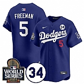 Men's Los Angeles Dodgers #5 Freddie Freeman Royal 2024 World Series With No. 34 Patch Cool Base Stitched Jersey Dzhi,baseball caps,new era cap wholesale,wholesale hats