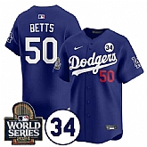 Men's Los Angeles Dodgers #50 Mookie Betts Royal 2024 World Series With No. 34 Patch Cool Base Stitched Jersey Dzhi,baseball caps,new era cap wholesale,wholesale hats