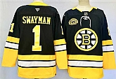 Men's Boston Bruins #1 Jeremy Swayman Black 100th Anniversary Stitched Hockey Jersey,baseball caps,new era cap wholesale,wholesale hats