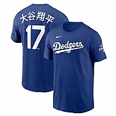 Men's Los Angeles Dodgers #17 Ohtani Royal 2024 World Series Champions Name & Number T-Shirt,baseball caps,new era cap wholesale,wholesale hats