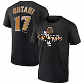 Men's Los Angeles Dodgers #17 Shohei Ohtani Black 2024 World Series Champions Name & Number T-Shirt,baseball caps,new era cap wholesale,wholesale hats