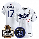 Men's Los Angeles Dodgers #17 Shohei Ohtani White 2024 World Series With Fernando Memorial Patch Limited Stitched Baseball Jersey,baseball caps,new era cap wholesale,wholesale hats