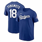 Men's Los Angeles Dodgers #18 Yoshinobu Yamamoto Royal 2024 World Series Champions Name & Number T-Shirt,baseball caps,new era cap wholesale,wholesale hats