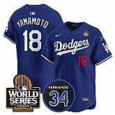 Men's Los Angeles Dodgers #18 Yoshinobu Yamamoto Royal 2024 World Series With Fernando Memorial Patch Limited Stitched Baseball Jersey,baseball caps,new era cap wholesale,wholesale hats