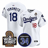 Men's Los Angeles Dodgers #18 Yoshinobu Yamamoto White 2024 World Series With Fernando Memorial Patch Limited Stitched Baseball Jersey,baseball caps,new era cap wholesale,wholesale hats