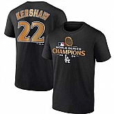 Men's Los Angeles Dodgers #22 Clayton Kershaw Black 2024 World Series Champions Name & Number T-Shirt,baseball caps,new era cap wholesale,wholesale hats