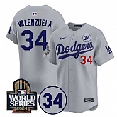 Men's Los Angeles Dodgers #34 Toro Valenzuela Gray 2024 World Series With No. 34 Patch Limited Stitched Baseball Jersey,baseball caps,new era cap wholesale,wholesale hats