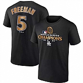 Men's Los Angeles Dodgers #5 Freddie Freeman Black 2024 World Series Champions Name & Number T-Shirt,baseball caps,new era cap wholesale,wholesale hats