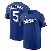 Men's Los Angeles Dodgers #5 Freddie Freeman Royal 2024 World Series Champions Name & Number T-Shirt,baseball caps,new era cap wholesale,wholesale hats