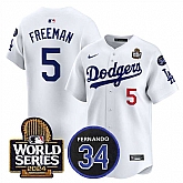 Men's Los Angeles Dodgers #5 Freddie Freeman White 2024 World Series With Fernando Memorial Patch Limited Stitched Baseball Jersey,baseball caps,new era cap wholesale,wholesale hats