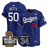 Men's Los Angeles Dodgers #50 Mookie Betts Royal 2024 World Series With Fernando Memorial Patch Limited Stitched Baseball Jersey,baseball caps,new era cap wholesale,wholesale hats