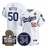 Men's Los Angeles Dodgers #50 Mookie Betts White 2024 World Series With Fernando Memorial Patch Limited Stitched Baseball Jersey,baseball caps,new era cap wholesale,wholesale hats