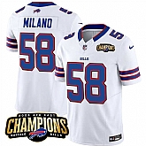 Men & Women & Youth Buffalo Bills #58 Matt Milano White 2023 F.U.S.E. AFC East Champions Ptach Stitched Jersey