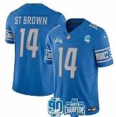 Men & Women & Youth Detroit Lions #14 Amon-Ra St. Brown Blue 2023 90th Anniversary North Division Champions Patch Limited Stitched Jersey,baseball caps,new era cap wholesale,wholesale hats