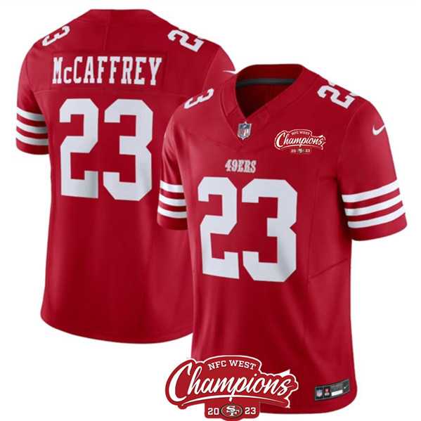 Men & Women & Youth San Francisco 49ers #23 Christian McCaffrey Red 2023 F.U.S.E. NFC West Champions Patch Stitched Jersey