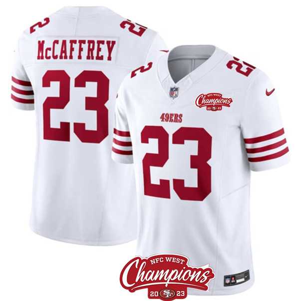 Men & Women & Youth San Francisco 49ers #23 Christian McCaffrey White 2023 F.U.S.E. NFC West Champions Patch Stitched Jersey