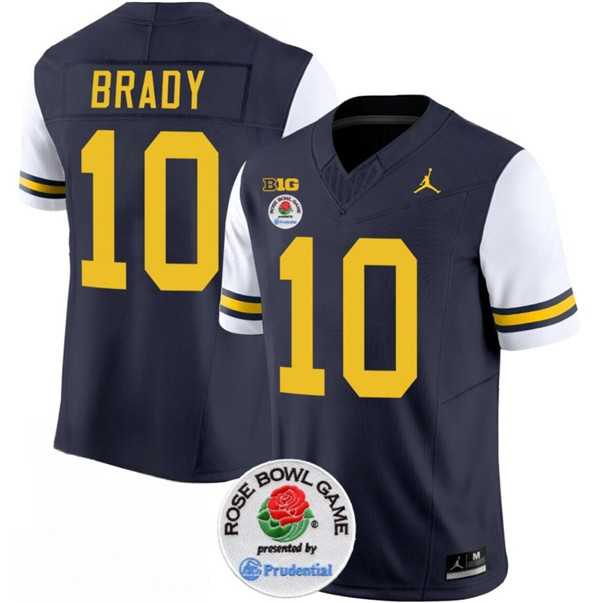 Men's Michigan Wolverines #10 Tom Brady 2023 F.U.S.E. Navy White Rose Bowl Patch Stitched Jersey Dzhi