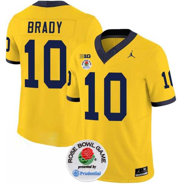 Men's Michigan Wolverines #10 Tom Brady 2023 F.U.S.E. Yellow Rose Bowl Patch Stitched Jersey Dzhi