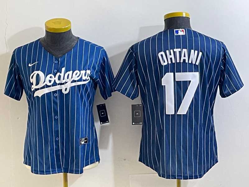 Women's Los Angeles Dodgers #17 Shohei Ohtani Red Navy Blue Pinstripe Cool Base Nike Jersey