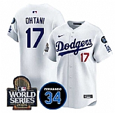 Men's Los Angeles Dodgers #17 Shohei Ohtani White 2024 World Series With Fernando Memorial Patch Limited Stitched Jersey Dzhi,baseball caps,new era cap wholesale,wholesale hats