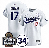 Men's Los Angeles Dodgers #17 Shohei Ohtani White 2024 World Series With No. 34 Patch Limited Stitched Jersey Dzhi,baseball caps,new era cap wholesale,wholesale hats