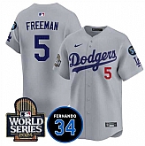 Men's Los Angeles Dodgers #5 Freddie Freeman Grey 2024 World Series With Fernando Memorial Patch Limited Stitched Jersey Dzhi,baseball caps,new era cap wholesale,wholesale hats