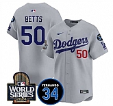 Men's Los Angeles Dodgers #50 Mookie Betts Grey 2024 World Series With Fernando Memorial Patch Limited Stitched Jersey Dzhi,baseball caps,new era cap wholesale,wholesale hats