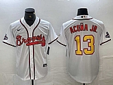 Men's Atlanta Braves #13 Ronald Acuna Jr White Gold 2021 World Series Champions Stitched Cool Base Jersey