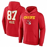 Men's Kansas City Chiefs #87 Travis Kelce Red Wordmark Player Name & Number Pullover Hoodie