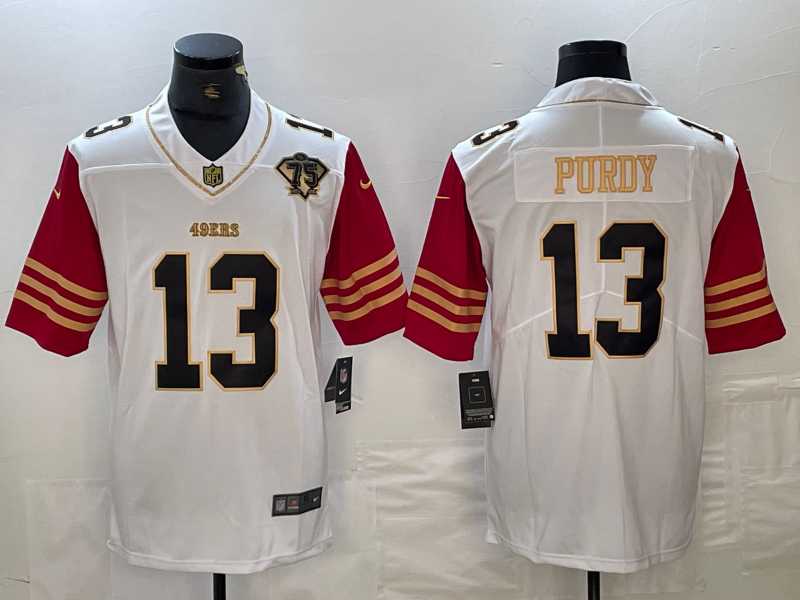 Men's San Francisco 49ers #13 Brock Purdy White 75th Patch Golden Edition Stitched Nike Limited Jersey Dzhi