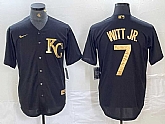 Men's Kansas City Royals #7 Bobby Witt Jr Black Gold Cool Base Stitched Jersey,baseball caps,new era cap wholesale,wholesale hats