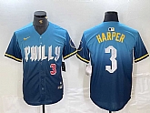 Men's Philadelphia Phillies #3 Bryce Harper Number Blue 2024 City Connect Limited Jersey,baseball caps,new era cap wholesale,wholesale hats