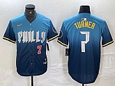 Men's Philadelphia Phillies #7 Trea Turner Number Blue 2024 City Connect Limited Stitched Jerseys,baseball caps,new era cap wholesale,wholesale hats