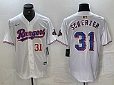 Men's Texas Rangers #31 Max Scherzer Number White 2023 World Series Champions Cool Base Jersey,baseball caps,new era cap wholesale,wholesale hats