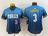 Women's Philadelphia Phillies #3 Bryce Harper Number Blue 2024 City Connect Limited Stitched Jersey,baseball caps,new era cap wholesale,wholesale hats