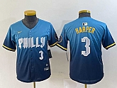 Youth Philadelphia Phillies #3 Bryce Harper Number Blue 2024 City Connect Limited Stitched Jerseys,baseball caps,new era cap wholesale,wholesale hats