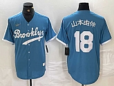 Men's Brooklyn Dodgers #18 Yoshinobu Yamamoto Light Blue Japanese Cooperstown Collection Cool Base Jersey,baseball caps,new era cap wholesale,wholesale hats
