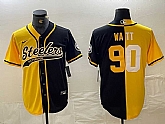 Men's Pittsburgh Steelers #90 TJ Watt Yellow Black Split With Patch Cool Base Stitched Baseball Jersey Dzhi,baseball caps,new era cap wholesale,wholesale hats