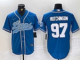 Men's Detroit Lions #97 Aidan Hutchinson Blue With Patch Cool Base Stitched Baseball Jersey,baseball caps,new era cap wholesale,wholesale hats