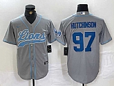 Men's Detroit Lions #97 Aidan Hutchinson Grey With Patch Cool Base Stitched Baseball Jersey,baseball caps,new era cap wholesale,wholesale hats