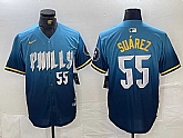 Men's Philadelphia Phillies #55 Ranger Suarez Blue 2024 City Player Number Cool Base Jersey,baseball caps,new era cap wholesale,wholesale hats