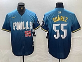 Men's Philadelphia Phillies #55 Ranger Suarez Blue 2024 City Player Number Cool Base Jerseys,baseball caps,new era cap wholesale,wholesale hats