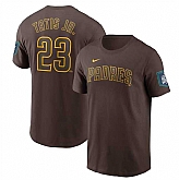 Men's San Diego Padres Fernando #23 Tatis Jr. Brown 2024 World Tour Seoul Series Name & Number T-Shirt,baseball caps,new era cap wholesale,wholesale hats